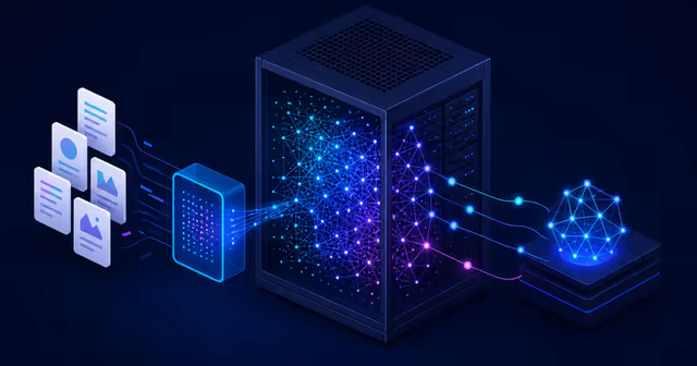Ilustração isométrica de um rack VPS com banco vetorial em pontos luminosos, documentos entrando no pipeline de embeddings e camada de recuperação