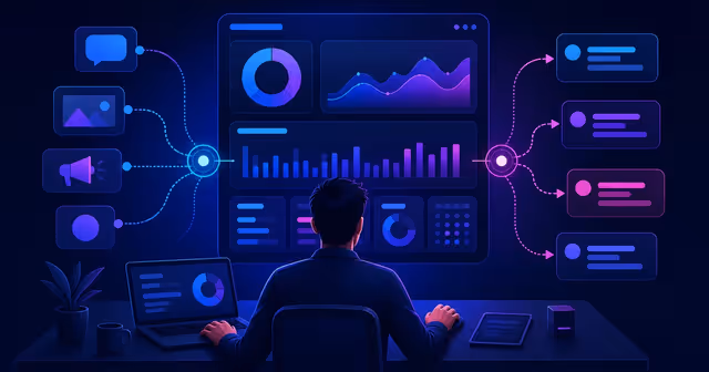 Empreendedor solo acompanha rotas de links e métricas de campanhas em um painel abstrato