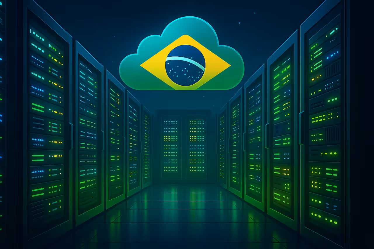 Turbo Cloud 2026 review - data center brasileiro com servidores em nuvem, ilustração tecnológica representando hospedagem de sites e cloud computing no Brasil