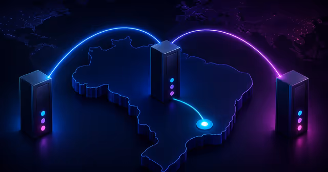 Três racks de servidor conectados ao mapa do Brasil por uma rota local e duas rotas internacionais