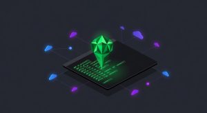 Ilustração editorial: terminal escuro com código verde neon fluindo, agente AI emergindo como forma geométrica abstrata conectada a múltiplos provedores de nuvem representados por orbes coloridos. Estilo tech publication moderno.