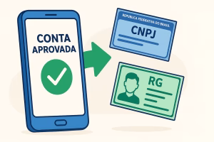 Smartphone mostrando conta PJ aprovada com documentos CNPJ e RG ao lado, ilustração flat design