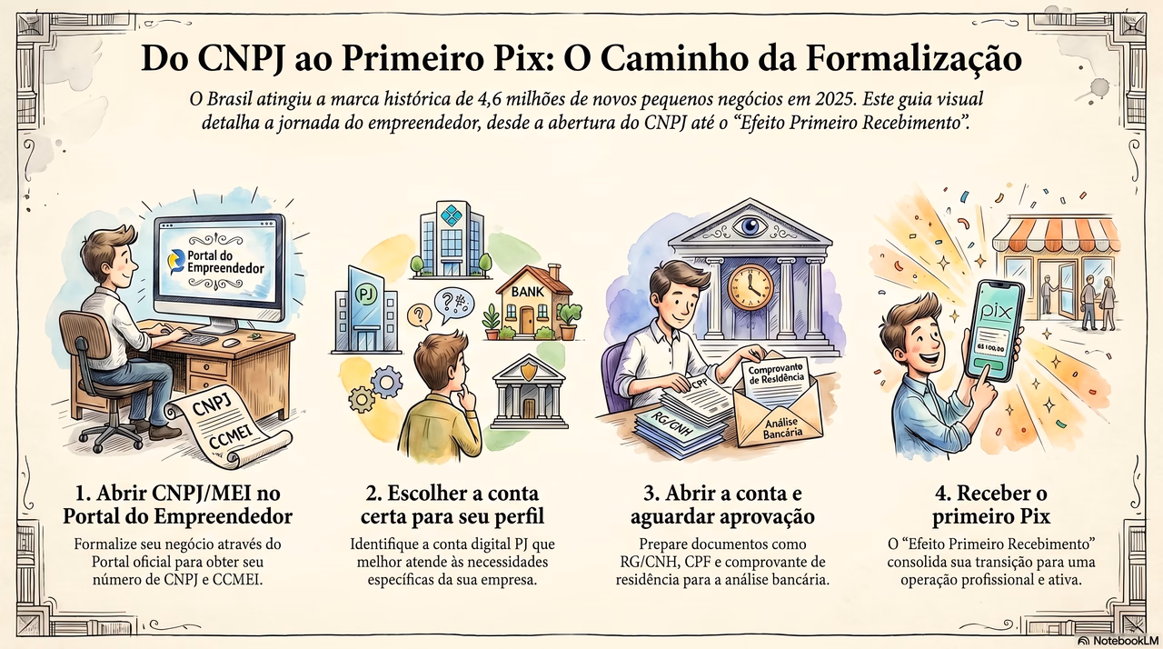 Como Abrir uma Conta PJ Digital em 2026: Passo a Passo Completo 1 Fluxograma do processo de abertura de conta PJ: abrir CNPJ, escolher conta, aguardar aprovação e receber primeiro Pix