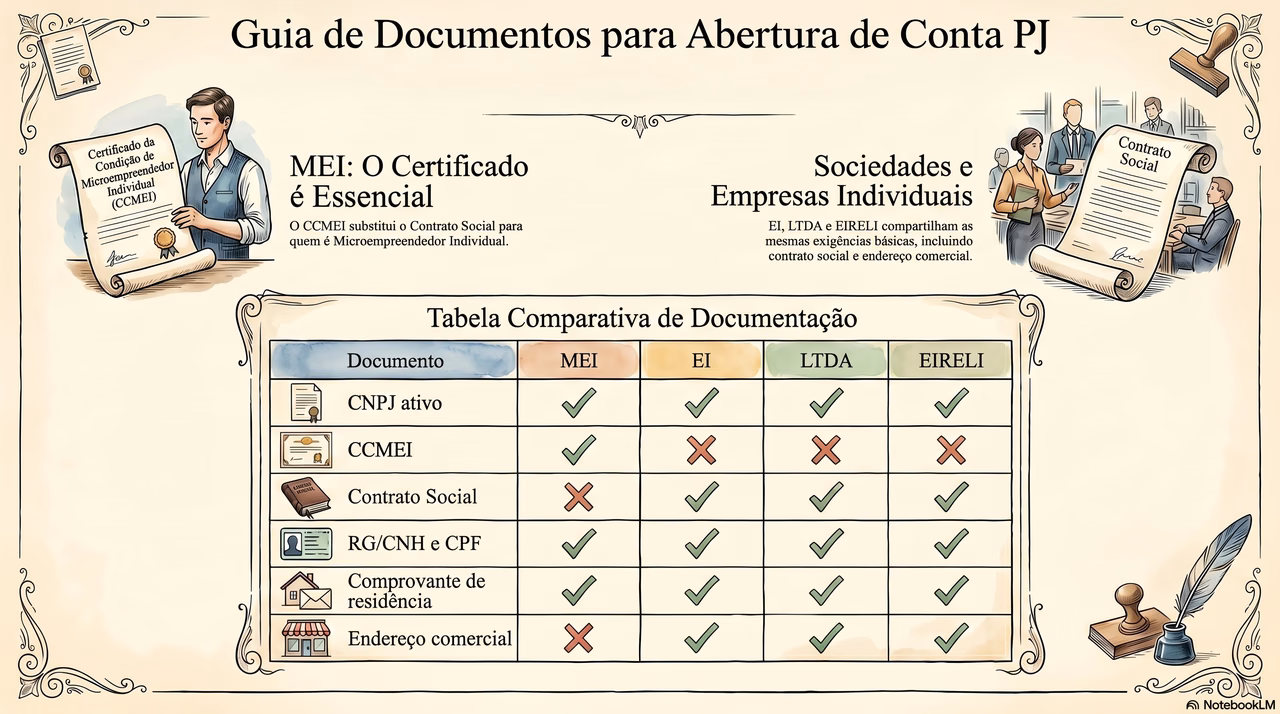 Como Abrir uma Conta PJ Digital em 2026: Passo a Passo Completo 2 Tabela comparativa de documentos necessarios para abrir conta PJ por tipo de empresa: MEI, EI, LTDA e EIRELI