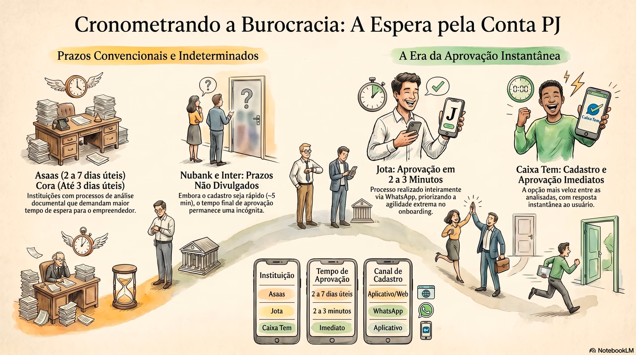 Como Abrir uma Conta PJ Digital em 2026: Passo a Passo Completo 3 Timeline comparativa de prazos de aprovação de conta PJ: Asaas, Cora, Nubank, Inter, Jota e Caixa Tem