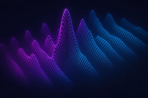 Visualização abstrata de ondas de voz com gradiente neon roxo e azul, representando tecnologia de voz por IA em fundo escuro