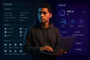 Comparação visual entre Napoleon (cPanel azul escuro tradicional) e Hostinger (hPanel moderno roxo/neon) com desenvolvedor brasileiro no centro escolhendo