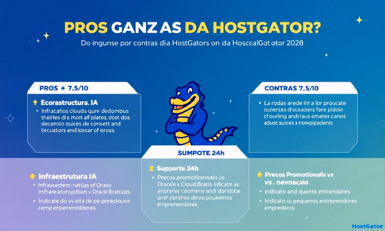 HostGator 2026: Review Completo (Planos, Preços e Vale a Pena?) 5 Infográfico com os pros e contras da HostGator 2026: nota 7,5/10, ecossistema IA, Oracle Cloud, suporte 24h e preços de renovação