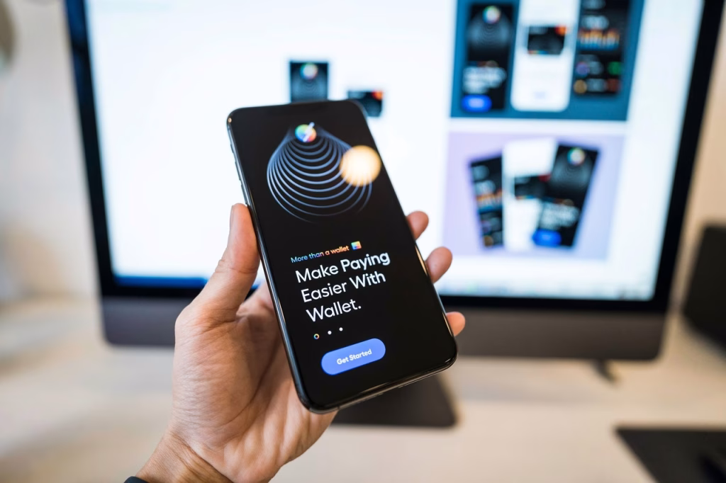 Smartphone apps banco digital perspectiva isometrica, icones Pix boleto cartao, neon