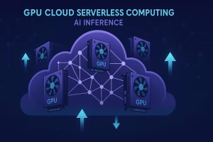 Ilustração de GPU cloud serverless para inteligência artificial, com placas gráficas flutuando em nuvem digital com nós de rede neural e ícones de IA