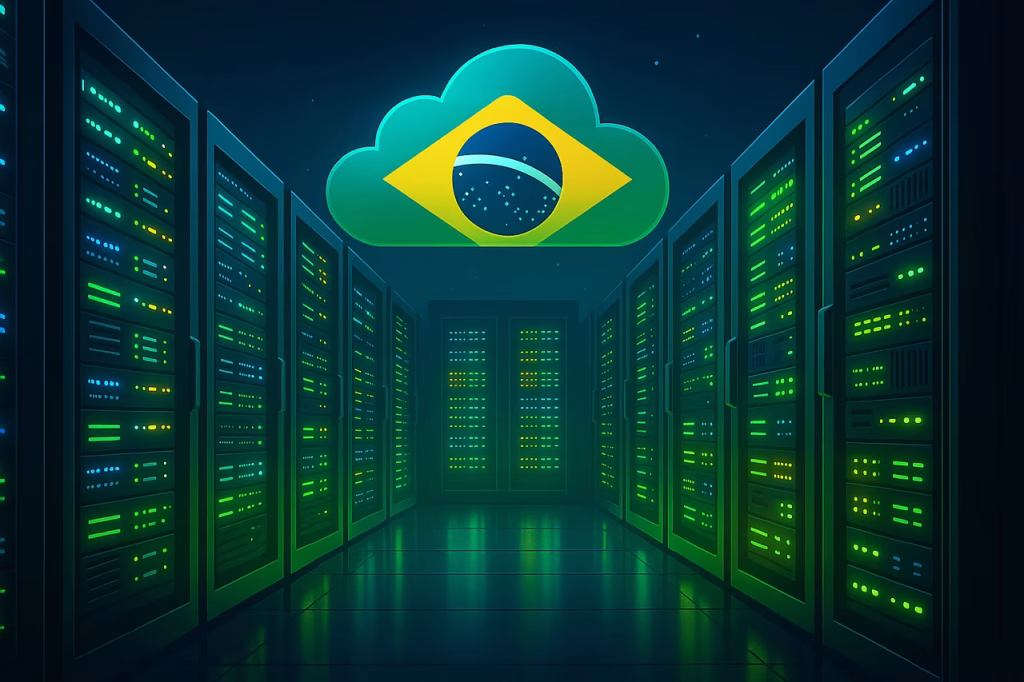 Turbo Cloud 2026 review - data center brasileiro com servidores em nuvem, ilustração tecnológica representando hospedagem de sites e cloud computing no Brasil