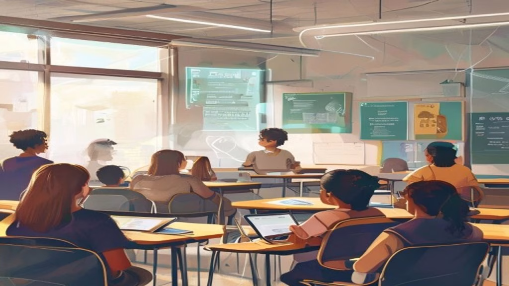 Ilustração editorial de uma professora em sala de aula revisando planos de aula no laptop com uma interface discreta de IA ao fundo