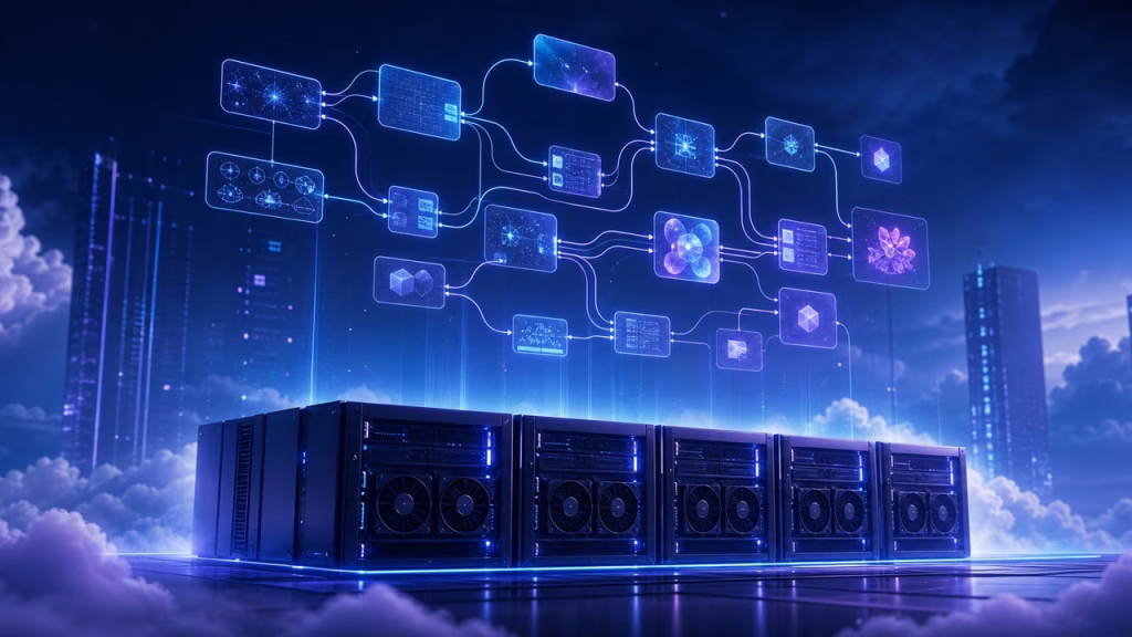 Ilustração de fluxo de nós do ComfyUI rodando em GPU na nuvem