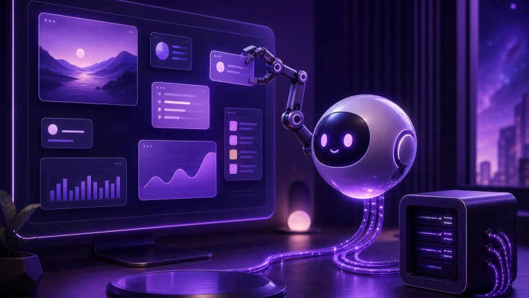 Assistente de IA pessoal operando aplicativos em um computador conectado a servidor
