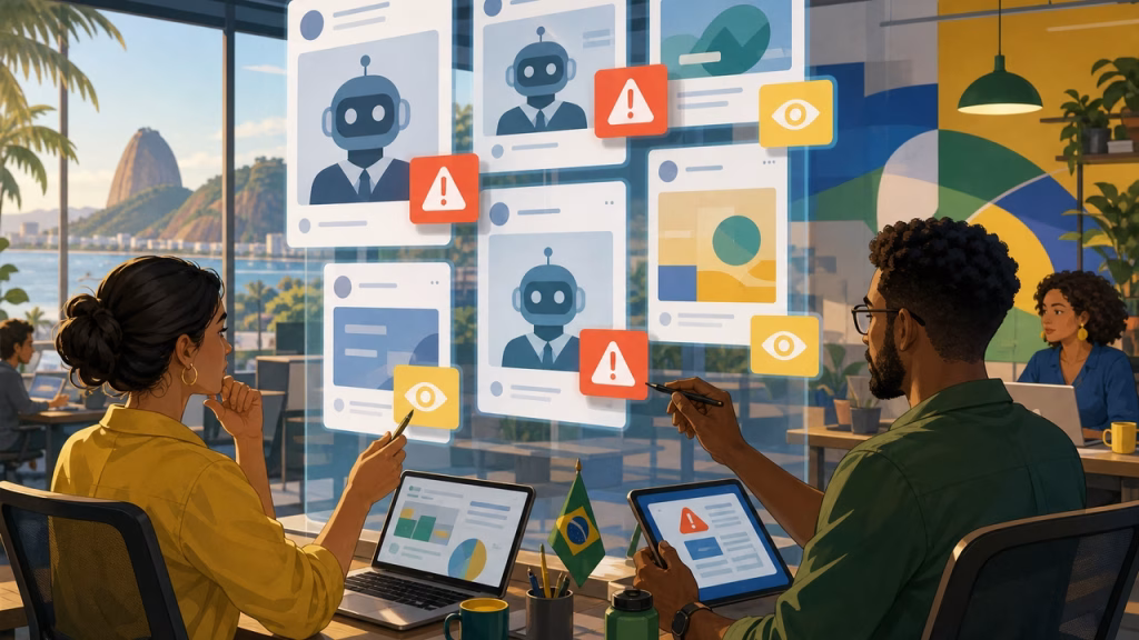Ilustracao editorial de uma rede social com sinais de alerta sobre posts de IA repetitivos.