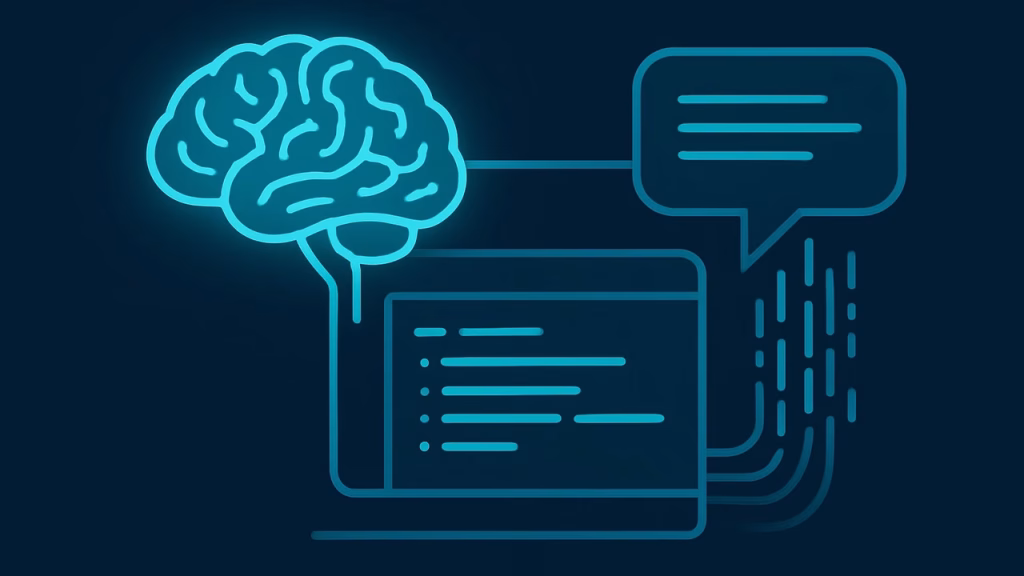 Ilustração editorial mostrando um cérebro brilhante se fundindo com interface de computador, com fluxos de código entrando em um balão de chat, simbolizando o ChatGPT como agente de programação — tons azul escuro e ciano