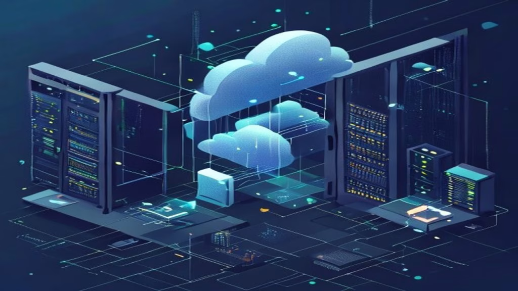 Ilustração editorial comparativa de três plataformas de GPU cloud: RunPod, Vast.ai e Paperspace, em painéis com nós de nuvem e hardware visual técnico.
