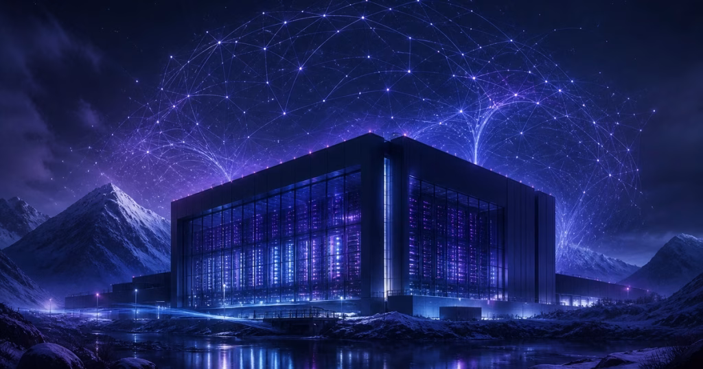 Ilustração de um grande data center nórdico com servidores iluminados e uma rede neural abstrata no céu noturno