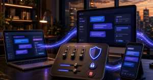 Interface de IA conectada entre notebook, celular e navegador com controles de privacidade, simbolizando a memória compartilhada do Claude