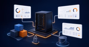 Servidor VPS conectado a três painéis de controle, contêineres, segurança e backup externo