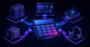 Ilustração editorial de uma calculadora conectada às camadas de custo de uma VPS.