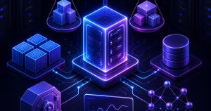 Ilustração editorial de uma VPS conectada a containers, banco de dados, backup e monitoramento