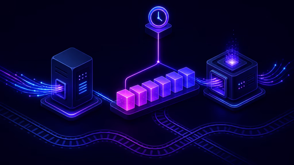 Ilustração isométrica de uma API pública conectada a uma fila, worker e cron em infraestrutura gerenciada