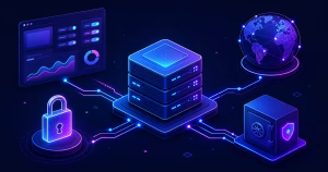 Ilustração editorial de uma VPS conectada a painel de deploy, domínio, cadeado TLS e armazenamento externo de backup