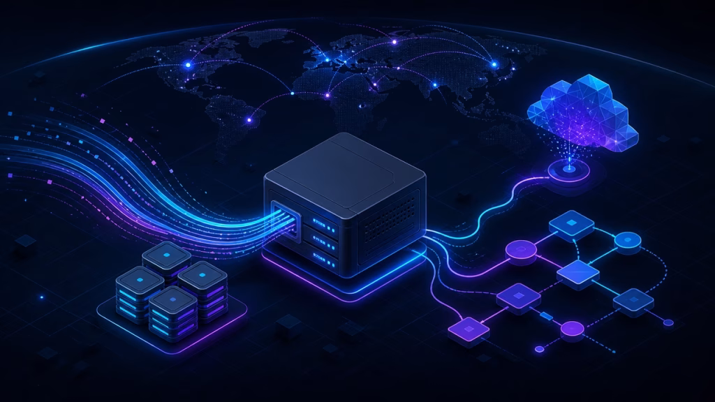 Ilustração de servidor VPS com discos persistentes, automação e nó de modelo em nuvem