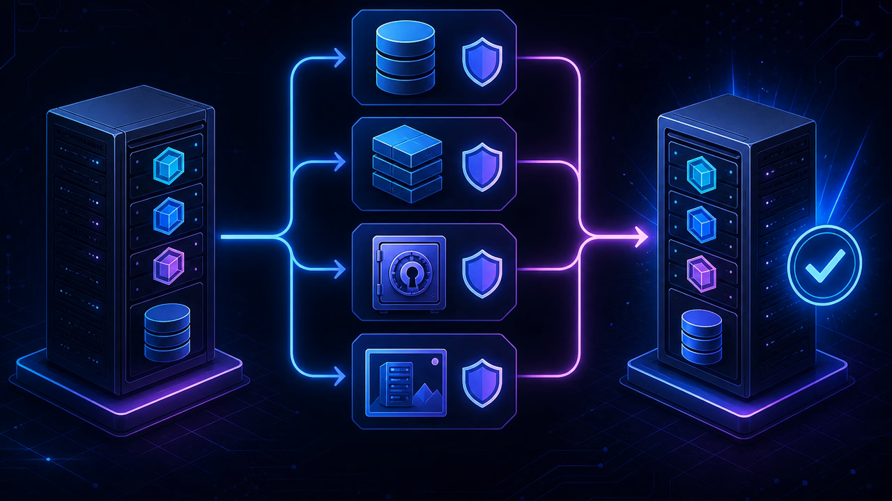 Coolify vs EasyPanel vs Dokploy: qual painel usar na VPS? 2 Servidor de origem envia banco, volumes, configuração e snapshot para restauração em outro servidor