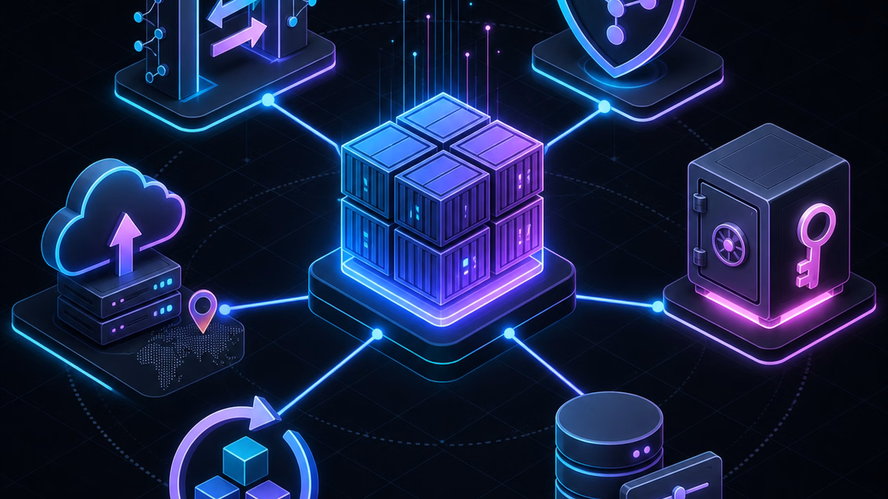 Coolify vs EasyPanel vs Dokploy: qual painel usar na VPS? 1 Aplicação em contêiner conectada a proxy, rede, secrets, configuração, atualizações e backup