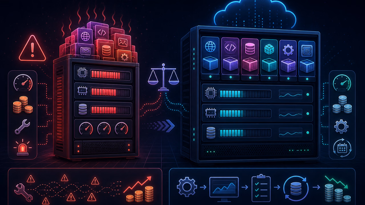 Coolify vs EasyPanel vs Dokploy: qual painel usar na VPS? 3 Comparação entre uma VPS sobrecarregada e uma VPS dimensionada com margem para aplicação, banco e backup
