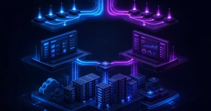 Arquitetura em camadas com VPS na base, dois painéis alternativos e servidor web complementar