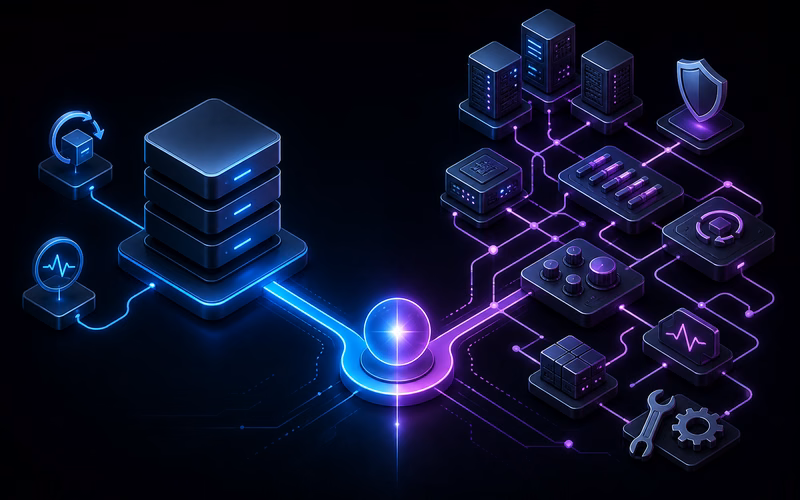 cPanel vs DirectAdmin vs LiteSpeed em 2026: painel, servidor web e custo real 2 Comparação visual entre uma stack gerenciada simples e uma VPS própria com segurança, backup, monitoramento e manutenção