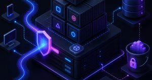 Ilustração isométrica de uma VPS com containers, proxy reverso, banco de dados, backup criptografado e checklist de recuperação
