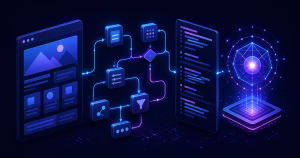 Fluxo isométrico de automação transformando uma página web em blocos estruturados para um agente de IA