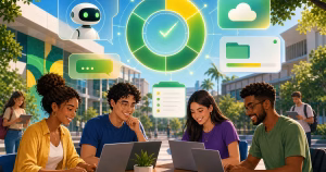 Ilustração editorial de universitários usando notebooks com recursos de inteligência artificial no campus
