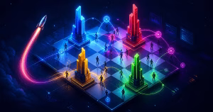 Ilustração editorial da reorganização da Google DeepMind como um tabuleiro estratégico de laboratórios de IA