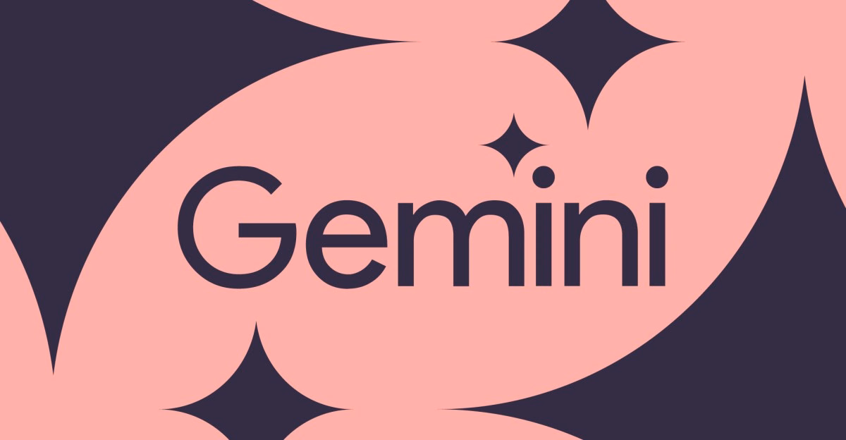 O Gemini agora pode esconder seus tropeços antes de eles virarem texto 1 Palavra Gemini em roxo escuro sobre fundo rosa com formas abstratas e ícones de brilho