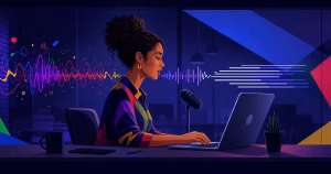 Criadora dita para o laptop enquanto a IA transforma a fala em texto organizado