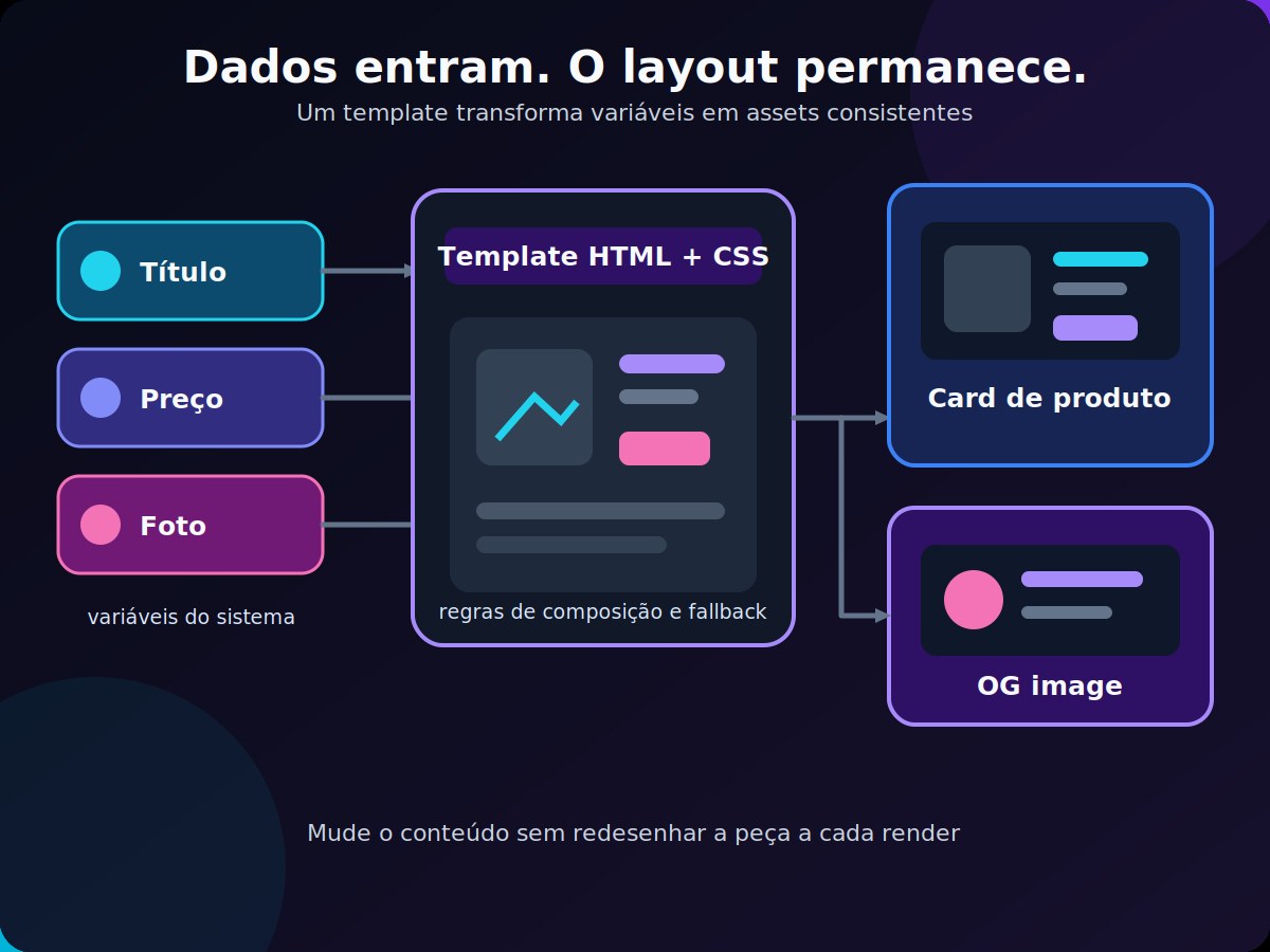 HTML to Image API: MarkupGo, Screenshot API ou código próprio? 2 Fluxo de dados variáveis passando por um template HTML e gerando um social card como imagem.