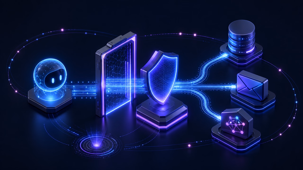 LangChain em VPS: vale a pena para agentes de IA e RAG em 2026? 3 Agente de IA passando por controle de permissão antes de acessar banco, e-mail e ferramentas