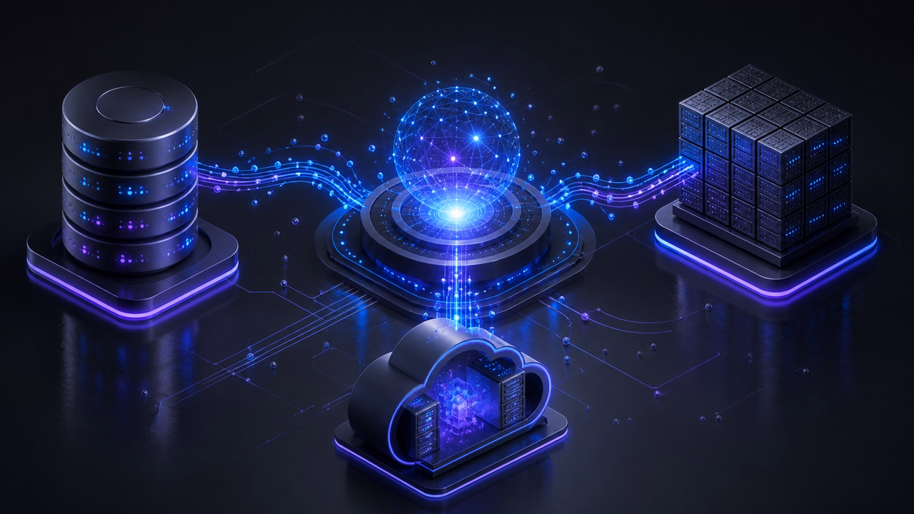 LangChain em VPS: vale a pena para agentes de IA e RAG em 2026? 2 Três opções abstratas de armazenamento conectadas a um núcleo de busca semântica para RAG
