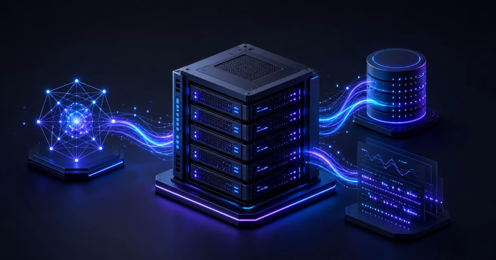 Rack de VPS conectado a agente de IA, banco vetorial e painéis de observabilidade