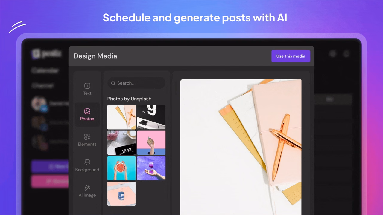 Late vs Postiz vs Buffer: qual agendador escolher em 2026? 1 Interface do Postiz no editor Design Media, com biblioteca de fotos do Unsplash e prévia de uma imagem