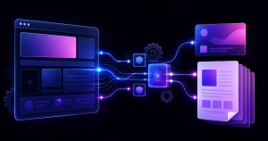 Ilustração de um template HTML sendo convertido em card social e documento PDF por um fluxo automatizado