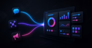 Três rotas digitais de mensagem, rede social e anúncio convergem para um painel de campanha