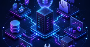 Servidor VPS conectado a módulos de automação, atendimento, análise, monitoramento e segurança