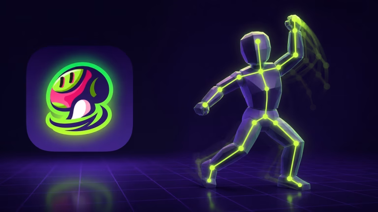 Personagem 3D gerado por IA com esqueleto de animacao, com a marca da Meshy
