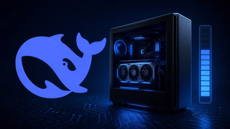 Ilustração do DeepSeek R1 rodando em um servidor com GPU, com medidor de VRAM